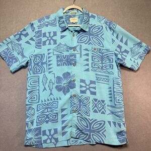 Quiksilver Waterman Collection Mens Large Hawaiian Shirt Blue Tribal Fish Floral